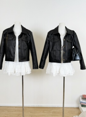 M.Y原创 黑皮革手册 黑色皮衣中短款翻领外套高级感铆钉休闲上衣