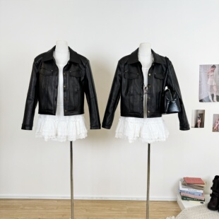 M.Y原创 黑皮革手册 黑色皮衣中短款翻领外套高级感铆钉休闲上衣