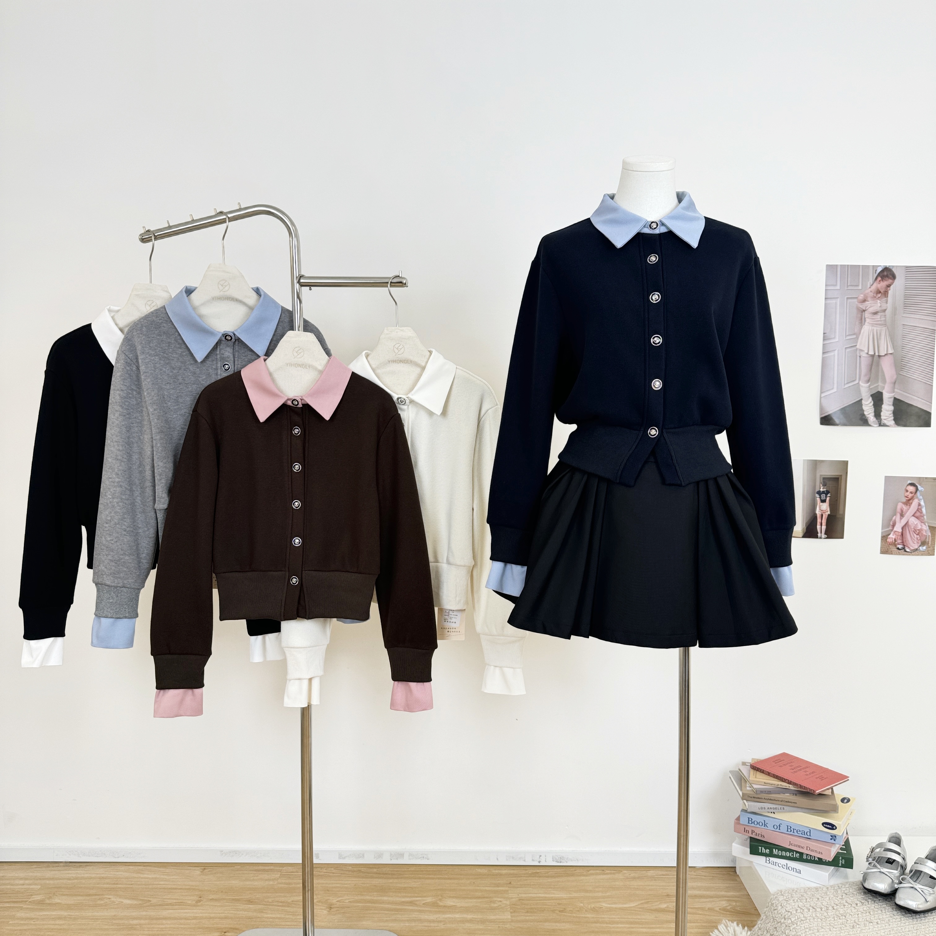 M.Y原创设计 撞色翻领假两件针织外套千金风加绒长袖上衣开衫秋冬