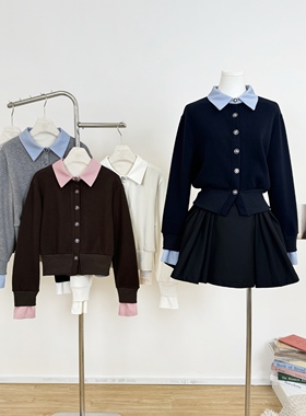 M.Y原创设计 撞色翻领假两件针织外套千金风加绒长袖上衣开衫秋冬