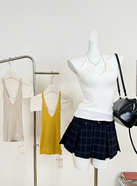 M.Y原创设计 气质v领挂脖吊带收腰显瘦背心时尚修身露背内搭上衣