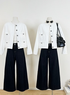 M.Y原创设计 中古香香白色明线撞色小香牛仔短外套女秋夹克上衣