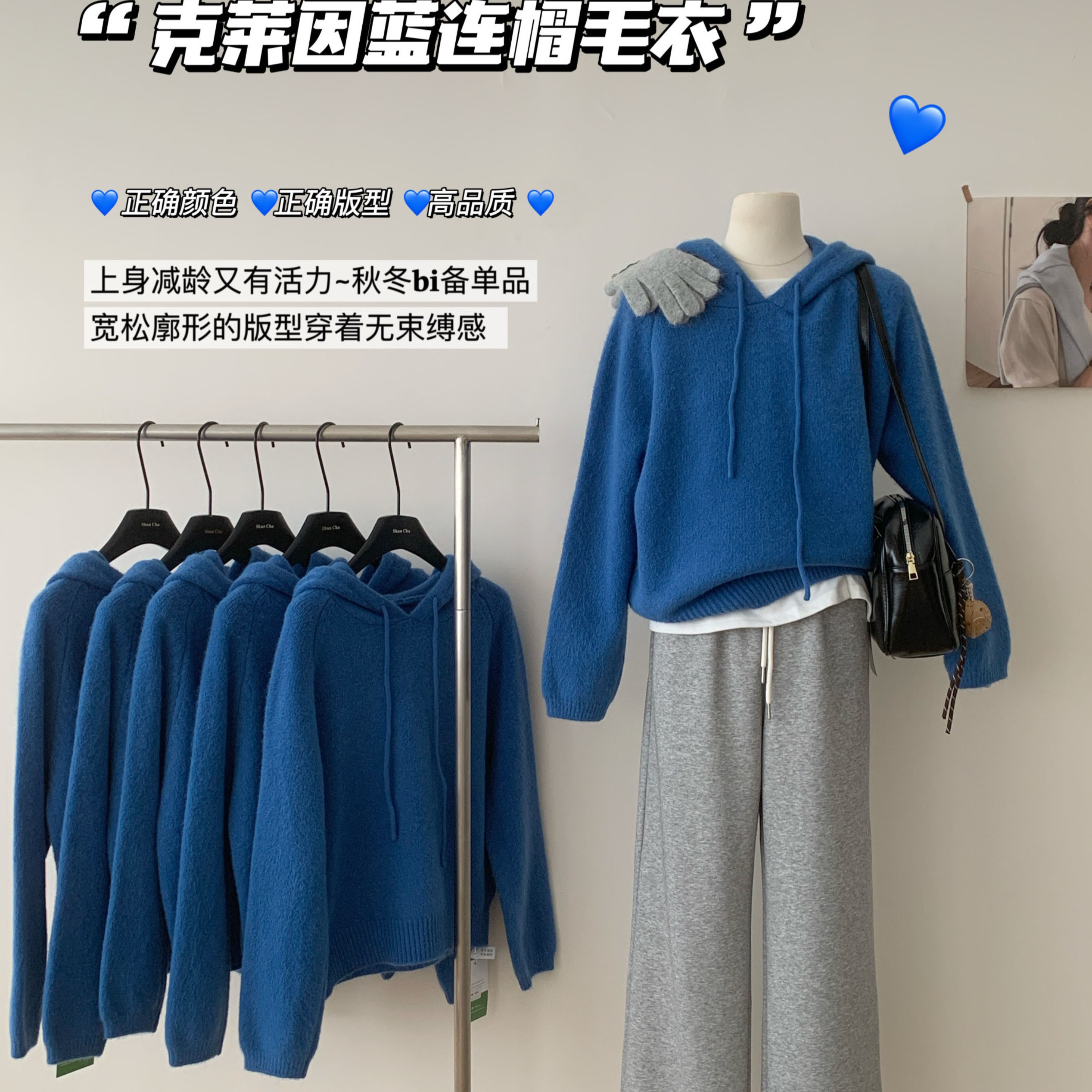 克莱因蓝宽松软糯连帽长袖毛衣女秋冬2024新款显瘦慵懒风针织上衣