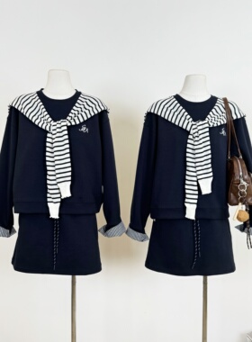 M.Y原创 格纹拼接撞色卫衣套装女早秋新款小个子短裙韩系两件套