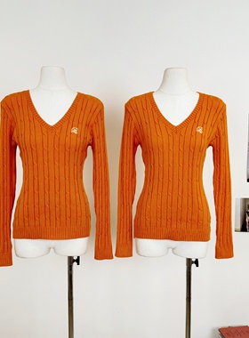 M.Y原创设计 橙色V领麻花毛衣秋韩系休闲修身显瘦长袖针织衫上衣
