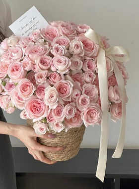 仙子之吻草编时尚抱抱桶鲜花花束花桶手提篮生日DIY 三八女神花篮
