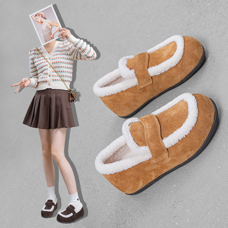 1809一脚蹬复古懒人豆豆鞋女2026冬季新款平底加绒保暖休闲乐福鞋,女鞋,棉鞋,淘宝优惠券,粉丝福利购,淘宝优惠卷