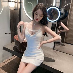 蕾丝交叉低胸辣妹性感夜总店技师浴场工作服修身 包臀吊带连衣裙夏