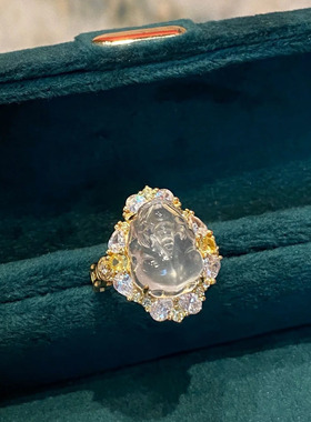 轻奢新中式复古天然玉髓水沫玉金钱貔貅戒指镶嵌锆石精致冰种指环