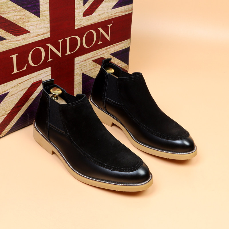 英伦复古真皮套脚高帮休闲鞋透气尖头简约切尔西靴绒皮拼接皮靴男,流行男鞋,切尔西靴,淘宝优惠券,粉丝福利购,淘宝优惠卷
