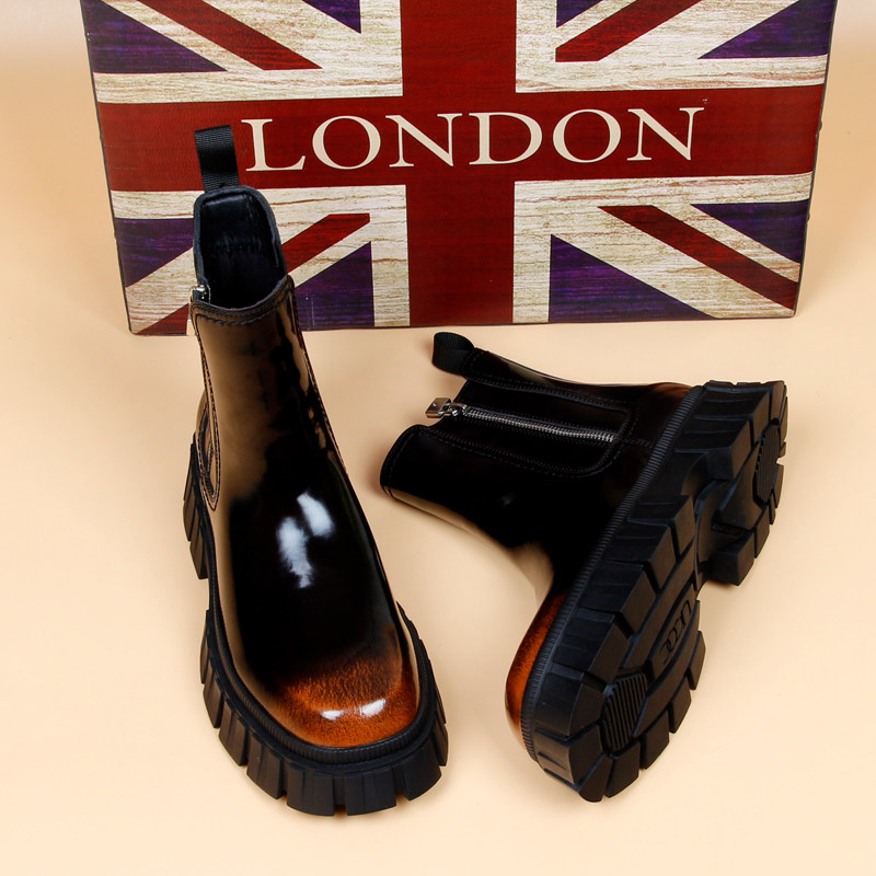 TRENDY BRAND BRITISH STYLE THICK-SOLED HEIGHTENED CHELSEA BOOTSMENS AUTUMN MID-RISE LEATHER BOOTS PATENT LEATHER MARTIN BOOTS BOOTS COWBOY BOOTS