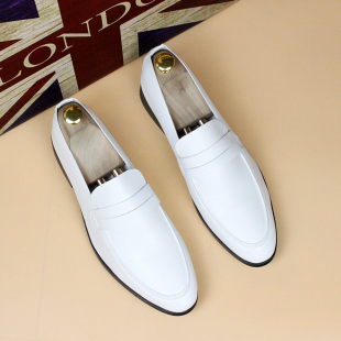 夏季新品软皮白色套脚尖头皮鞋男韩版青年增高纯色发型师休闲鞋子