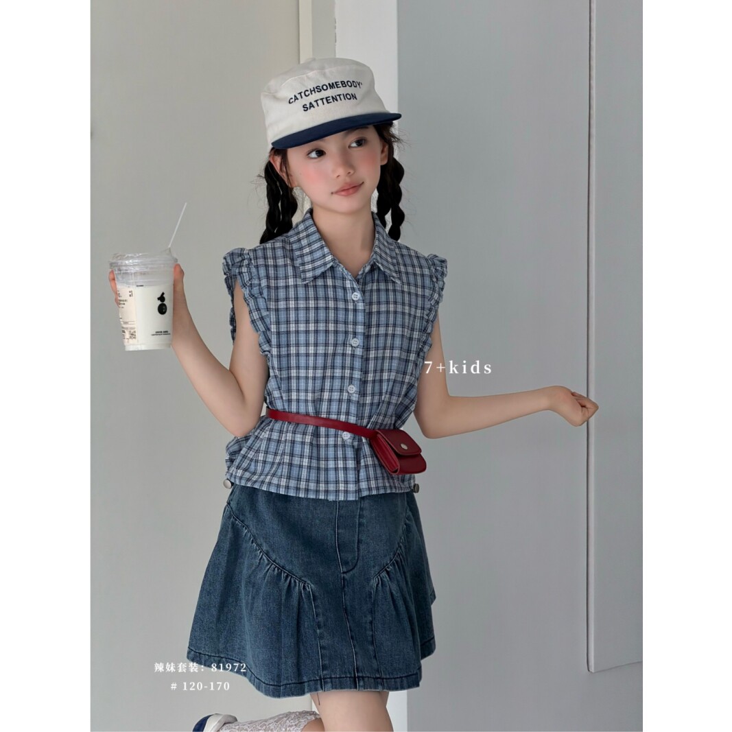 女童韩版夏季中大童韩系格子无袖衬衫牛仔短裙套装洋气两件套