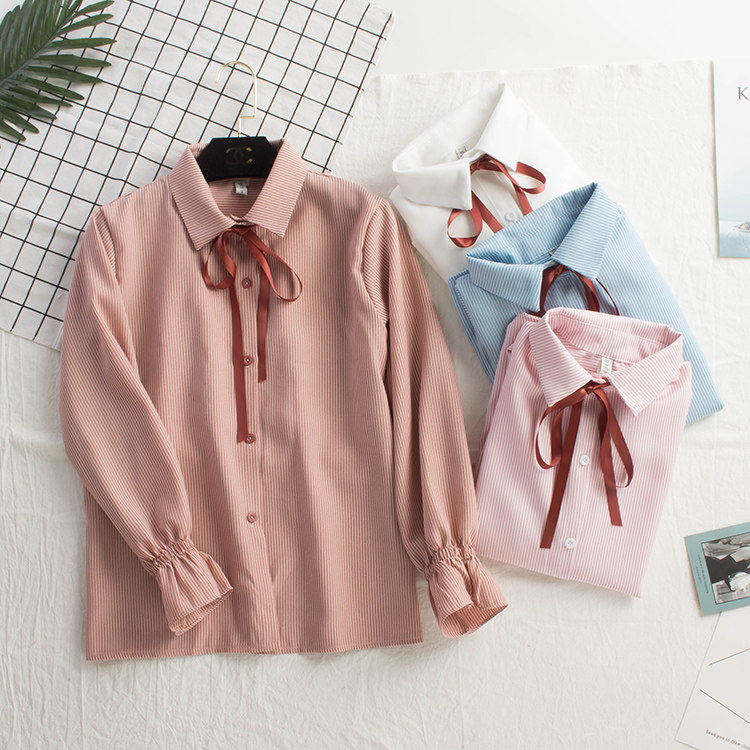 2018秋装新款蝴蝶结条纹衬衫女长袖系带雪纺衫上衣大码飘带衬衣女在类目 女装/女士精品, 衬衫中 - 来自Buy2taobao.com提供专业的淘宝代购服务