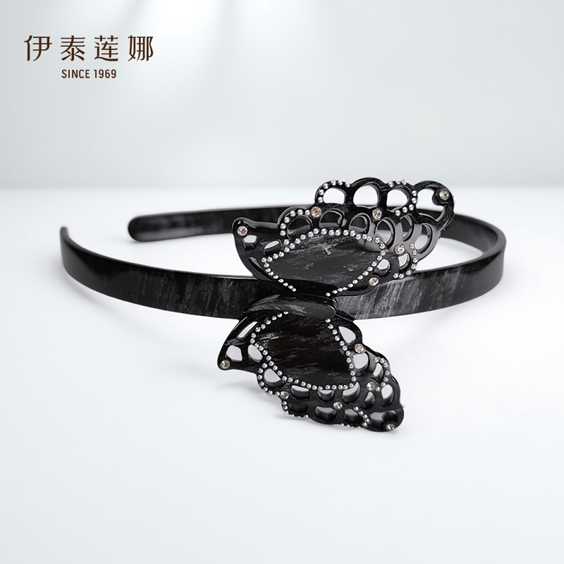 伊泰莲娜 黑翼蝴蝶镶钻发箍 暗珠光醋酸板材头箍 时尚发饰 女图片