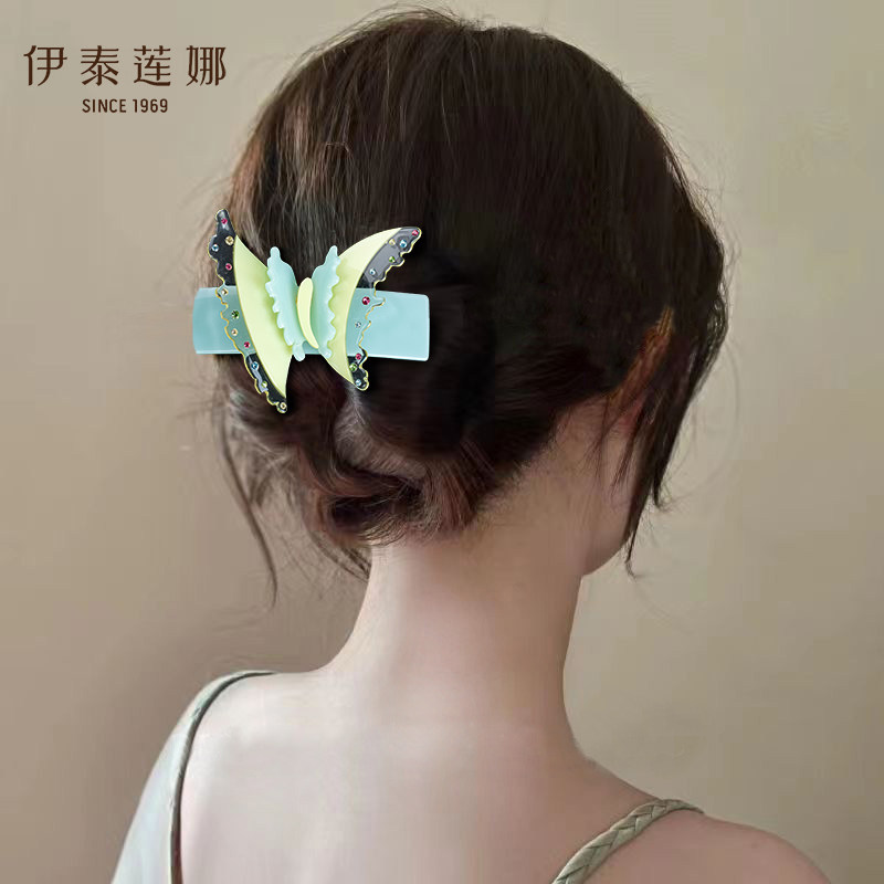伊泰莲娜 淡黄绿半透翅膀蝴蝶一字横夹发夹 8cm鉄夹脑后勺马尾夹