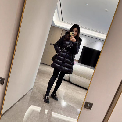 高品质现货M家2025新款女士中长收腰连帽蒙口琪羽绒服外套鹅绒