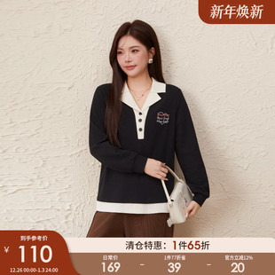 新款 采多宝大码 假两件撞色卫衣胖mm2025秋季 韩版 翻领绣花上衣 女装