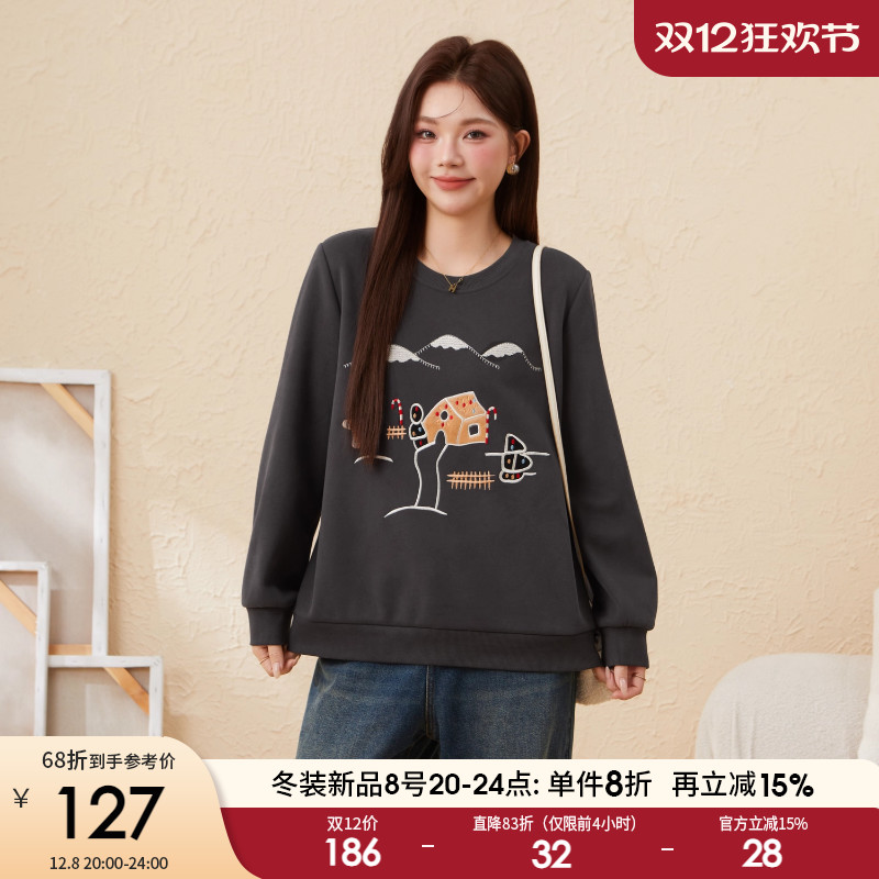 采多宝大码女装圆领刺绣梨型厚卫衣胖mm宽松显瘦卡通减龄上衣