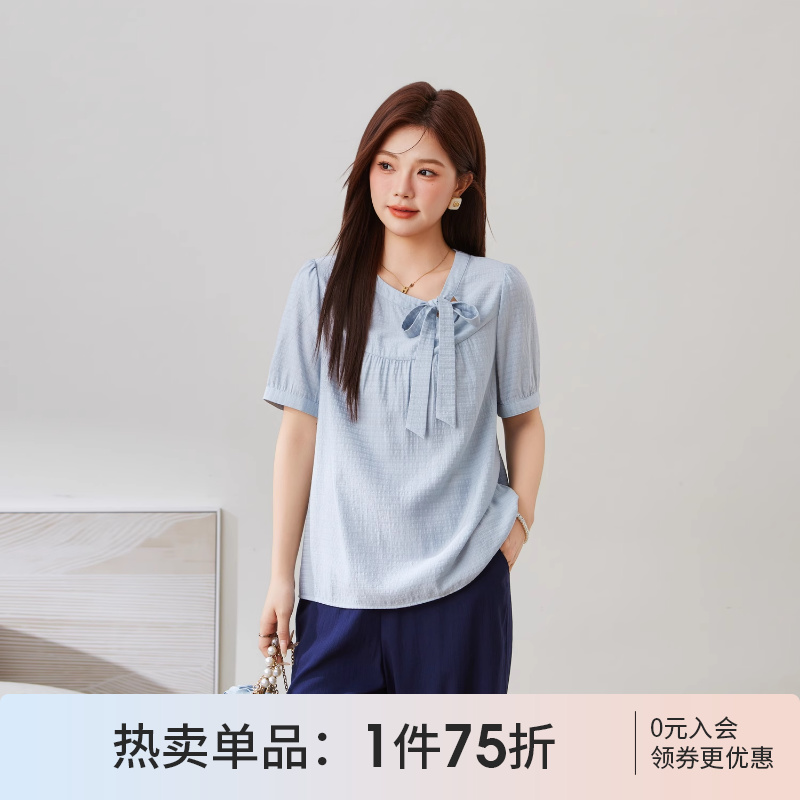 采多宝大码女装飘带宽松显瘦格子上衣胖mm夏日轻薄别致短袖t恤