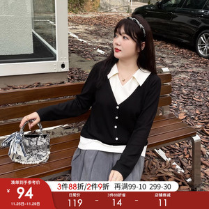 采多宝大码女装胖mm梨形身材穿搭秋季新款拼色韩版V领针织上衣