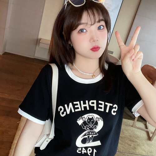 采多宝2025夏季新款韩版字母印花胖mm遮肉显瘦大码短袖t恤上衣女