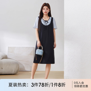 采多宝大码 显瘦直筒连衣裙胖mm宽松圆领假两件黑色长裙 女装 泡泡袖