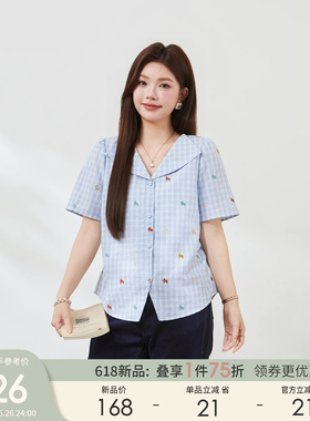 采多宝V领显瘦上衣大码女装胖mm蓝色翻领夏新款绣花格子收腰小衫