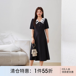 采多宝高端大码 显瘦娃娃领长裙 女装 赫本风复古气质连衣裙胖mm修身