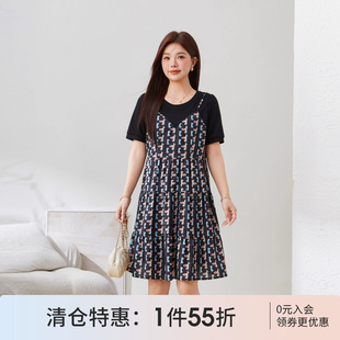 千鸟格拼接假两件连衣裙 采多宝高端大码 女装 胖mm2025夏季 新款