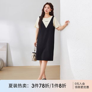 女装 采多宝高端大码 假两件拼接休闲连衣裙胖mm宽松显瘦黑色长裙