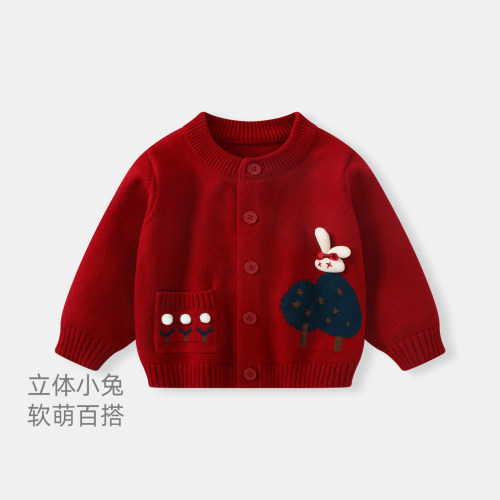 女童外套秋装新款红色针织衫上衣