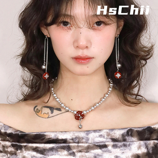 西迟真多麻灰色珍珠耳环项链套装小众高级感锁骨链轻奢气质颈链