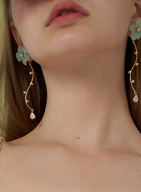 西迟原创设计花朵曲线长款耳饰新式耳环橙色系气质花朵仙女风超仙