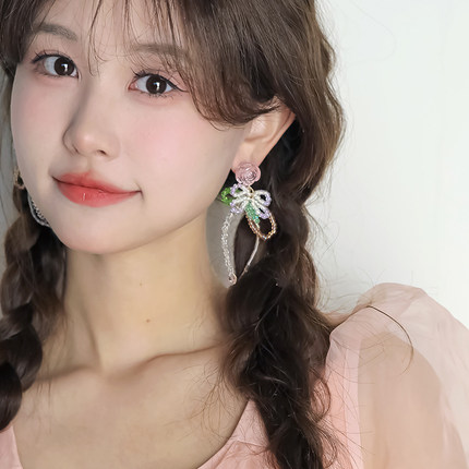 西迟重工编织两只小蜜蜂水晶蝴蝶结耳夹耳环