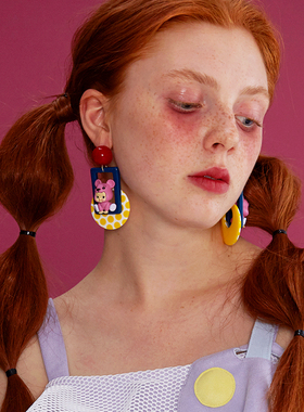 西迟原创设计可爱黄色波点娃娃耳环夸张树脂耳饰超个性日本耳夹