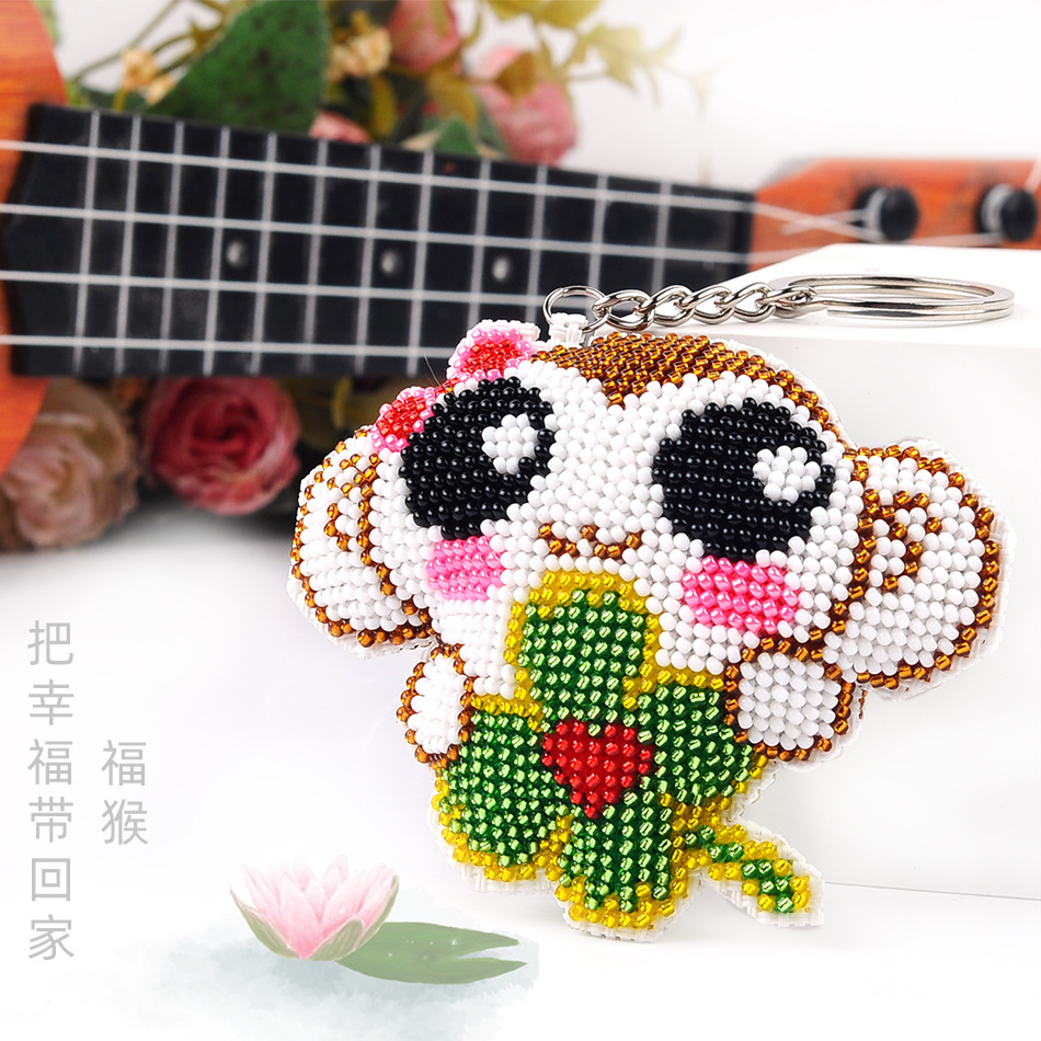 简单满珠绣小格印花钥匙扣挂件