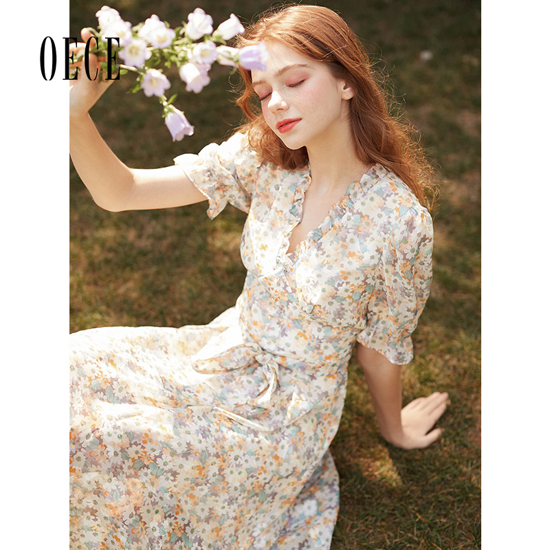 oece夏装新款女装少女甜温柔碎花V领泡泡袖高腰雪纺连衣裙