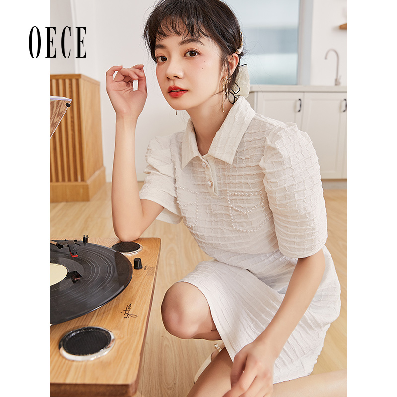 Oece气质白色仙女连衣裙夏装新款女装法式甜美春夏季短袖裙子