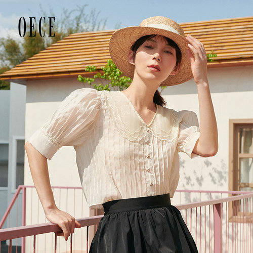 Oece夏装新款女装 温柔甜心复古法式香风欧根纱泡泡袖上衣
