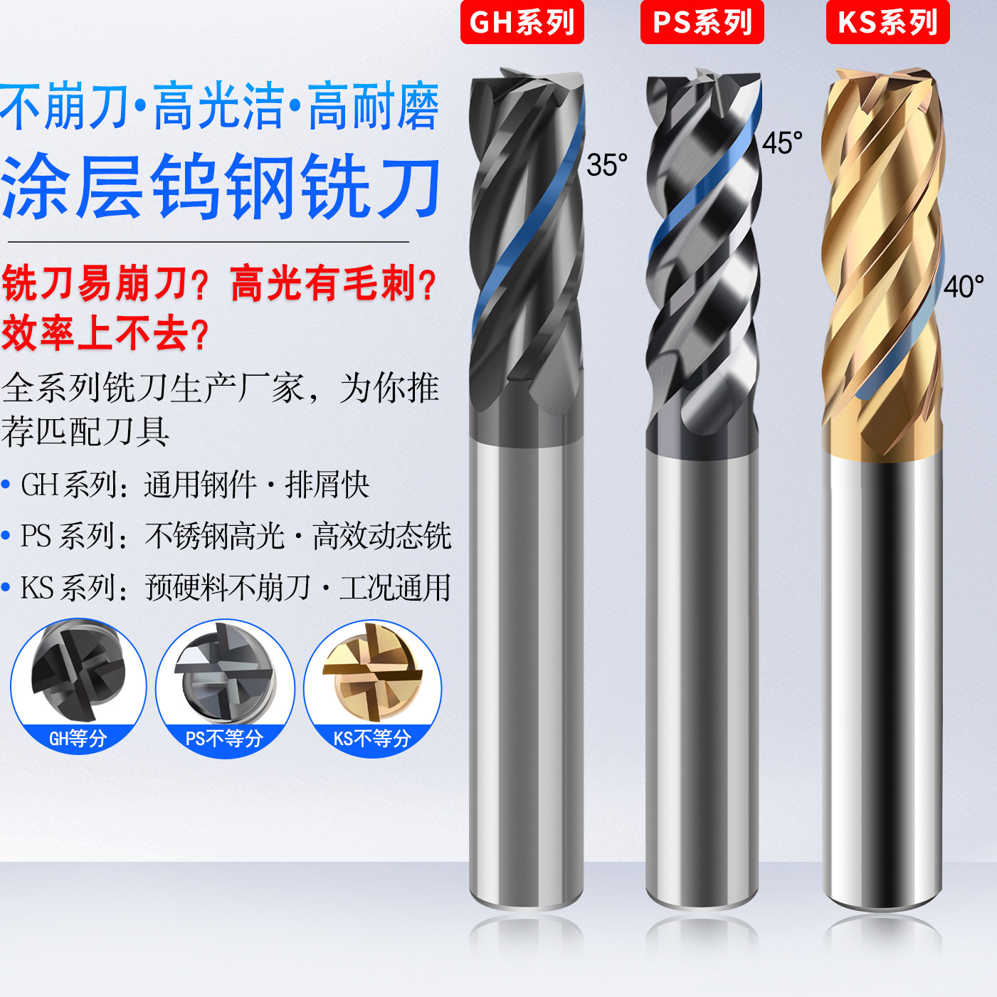 多功能高效率粗精两用PS钨钢涂层铣刀不锈钢 钛合金 钢铁用动态铣