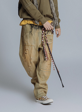 FLOAT潮牌高街破洞补丁牛仔裤男女宽松大码潮流旧水洗直筒长裤