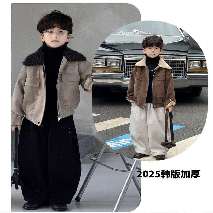 男童加绒皮衣冬季新款儿童灰色韩版帅气毛领夹克加厚保暖休闲外套