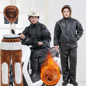 外卖骑行挡风保暖皮裤 男加绒加厚宽松工作服中老年pu皮衣套装 正阳