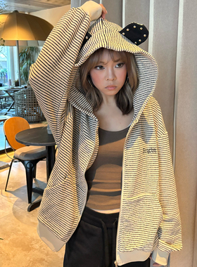春季新品美式耳朵条纹连帽卫衣男女同款休闲宽松拉链帽衫开衫外套