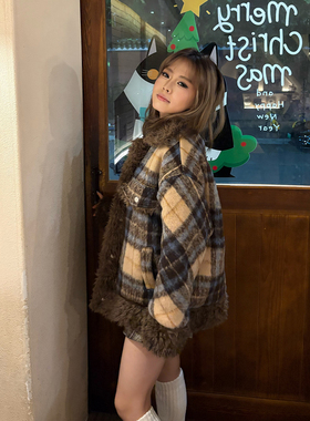 冬季美式复古格子毛领棉衣外套女加厚羊羔绒宽松棉服潮流百搭棉袄