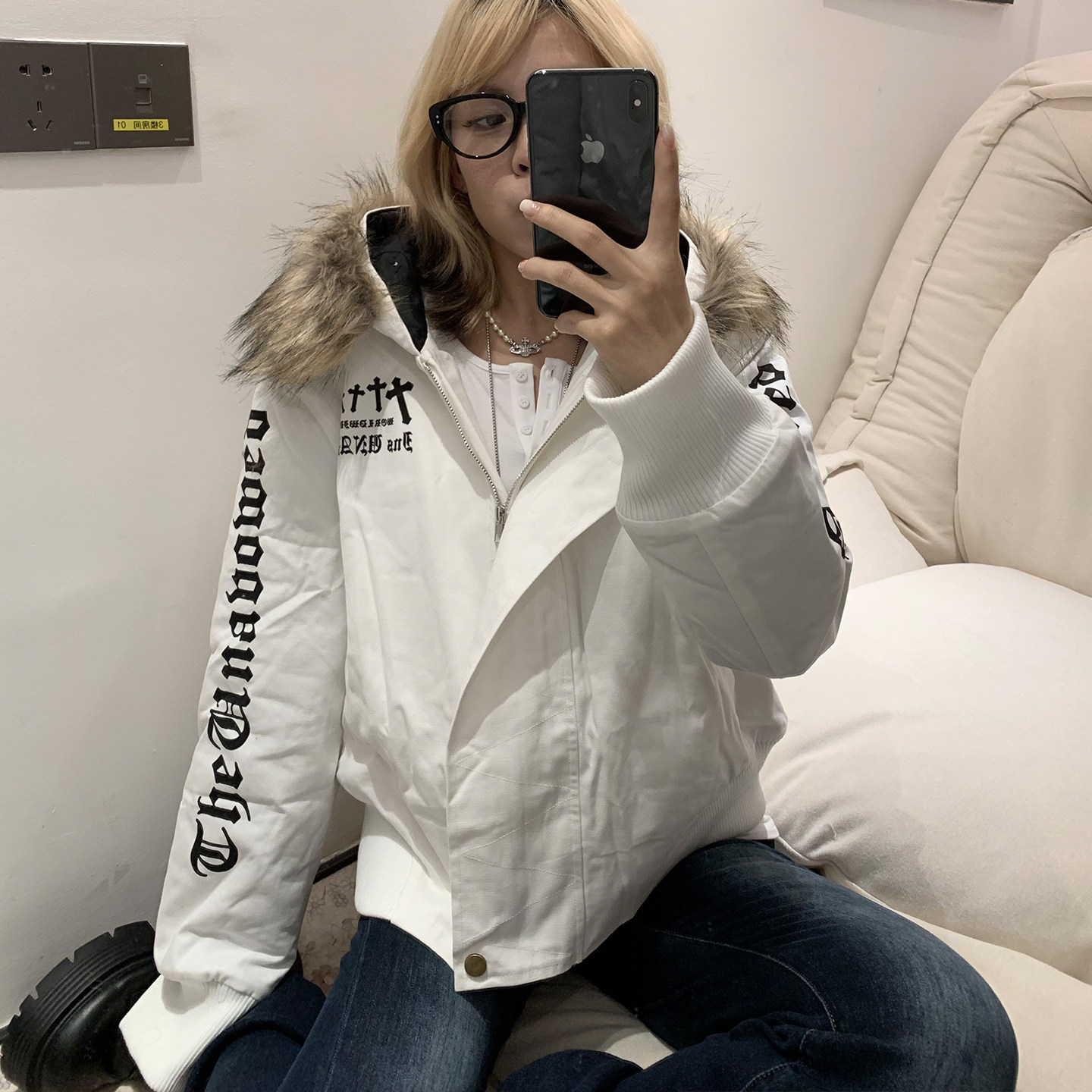 美式复古暗黑风十字架毛领连帽棉服松弛感oversize夹棉加厚外套