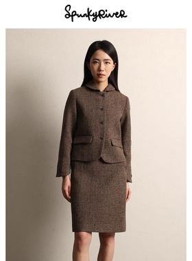 SPR｜harris tweed哈里斯粗花呢燕麦格复古青果领短外套短裙套装