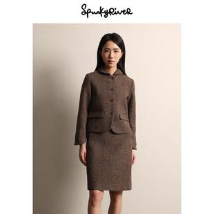 SPR｜harris tweed哈里斯粗花呢燕麦格复古青果领短外套短裙套装