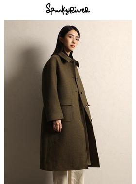 SPR｜英国粗花呢羊毛咸菜绿宽松简约复古女士大衣苔藓绿帅气廓形